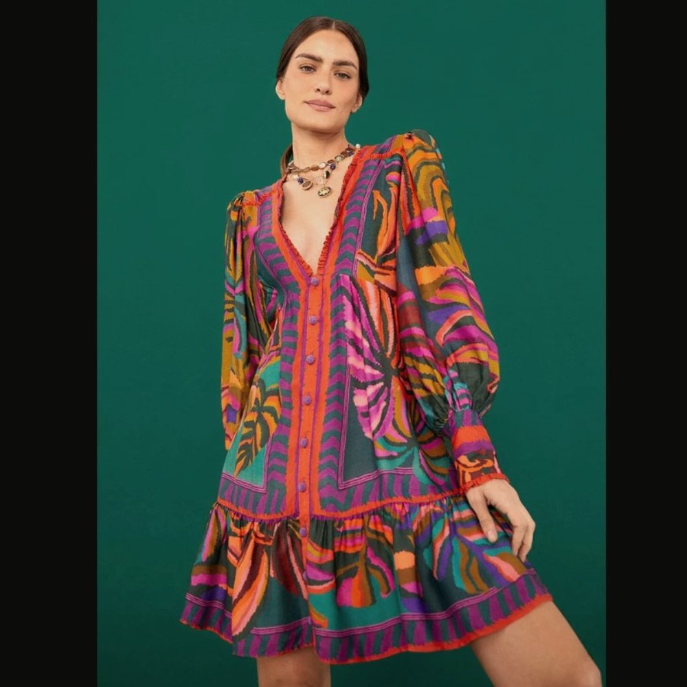 NWOT Farm Rio Graphic Foliage Lenzing™ Ecovero™ Viscose Mini Dress Size S #808